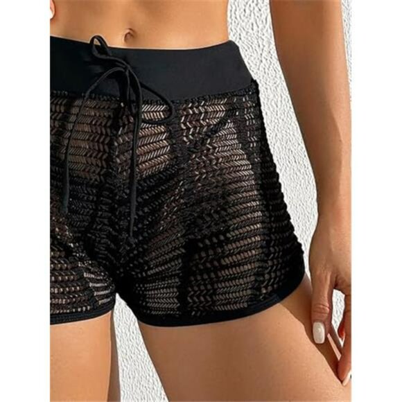 Women's Hollow Out Cover Up Shorts High Waisted Semi Sheer Tie Front - Picture 4 of 5